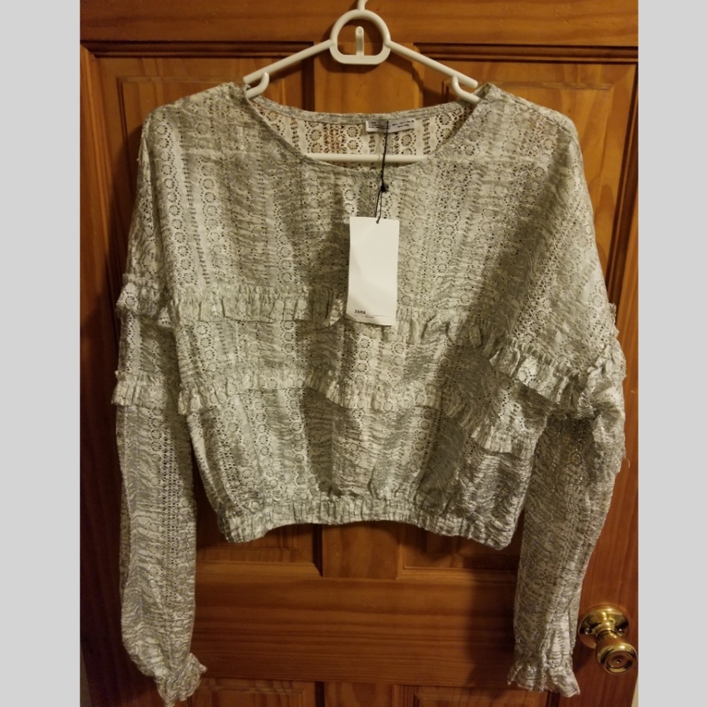 NEW Zara cropped lace sheer blouse size Large